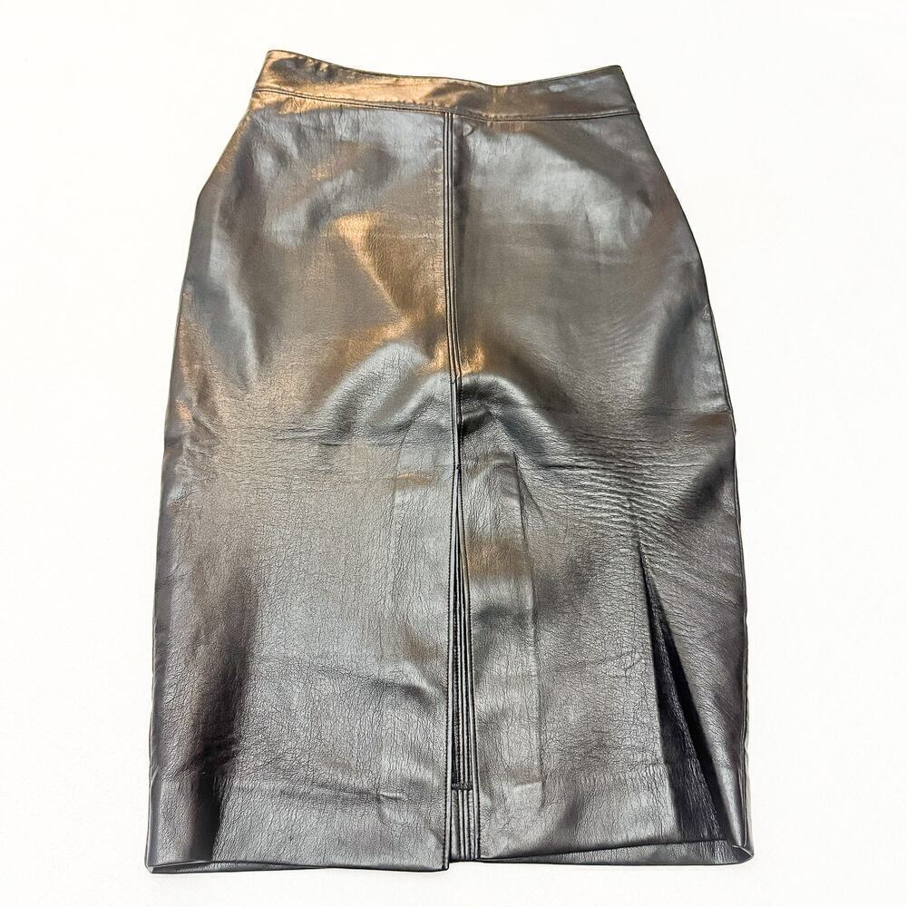 Babaton Black Faux Leather Front Slit A-Line Midi Skirt Side Zipper Size 6